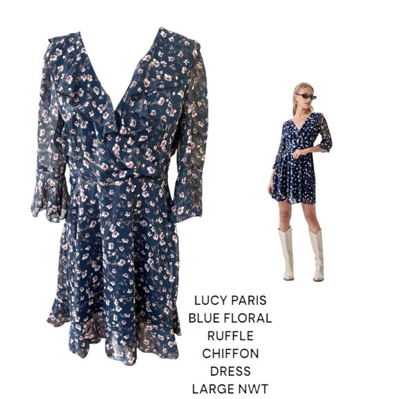 LUCY PARIS BLUE FLORAL RUFFLE CHIFFON FLUTTERY DRESS LARGE NWT - Picture 1 of 4
